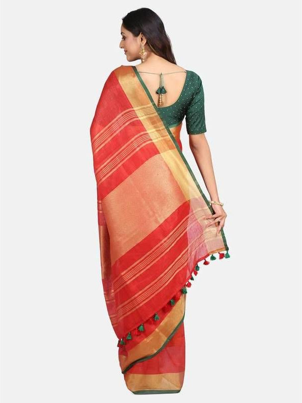 Linen Cotton Blend Contrast Handloom Bhagalpuri Saree (Gold-Red-Dark_Green ) - View 3