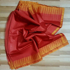 Semi Tussar Silk Handloom Temple Border Bhagalpuri Saree (100190 Deep_Red-Orange)