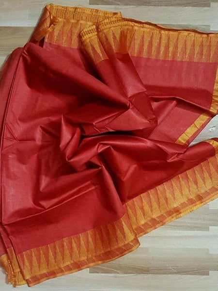 Semi Tussar Silk Handloom Temple Border Bhagalpuri Saree (100190 Deep_Red-Orange)