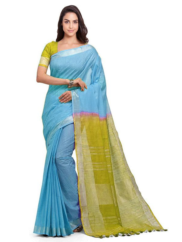 Bhagalpuri Handloom Linen Cotton Blend Two Dye Saree With Running Unstitched Blouse Piece