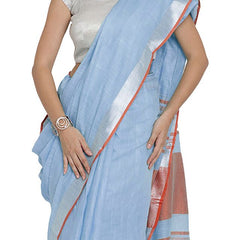 Powder Blue-Orange women's Bhagalpuri Handloom Cotton Linen Blend Contrast Pallu Saree And Unstitched Contrast Blouse Piece - View 5