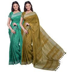 Mint Green & Olive Green women's Bhagalpuri Handloom Cotton-Linen Blend Saree Combo (Pack Of 2) With Running Unstiched Blouse Piece