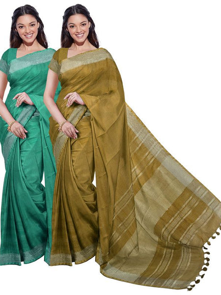 Mint Green & Olive Green women's Bhagalpuri Handloom Cotton-Linen Blend Saree Combo (Pack Of 2) With Running Unstiched Blouse Piece