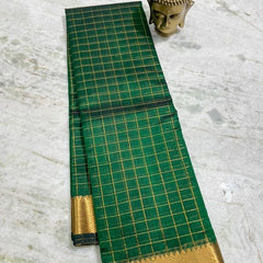 Cotton Silk Handloom Bhgalpuri Check Saree with Gold Zari Border for Women (100148 British_Green)
