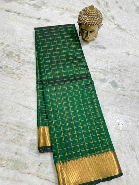 Cotton Silk Handloom Bhgalpuri Check Saree with Gold Zari Border for Women (100148 British_Green)