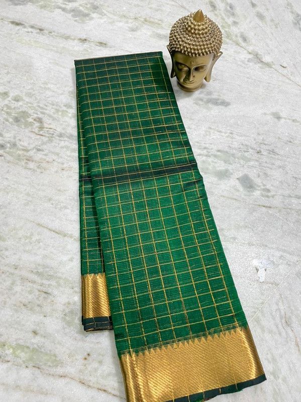 Cotton Silk Handloom Bhgalpuri Check Saree with Gold Zari Border for Women (100148 British_Green)