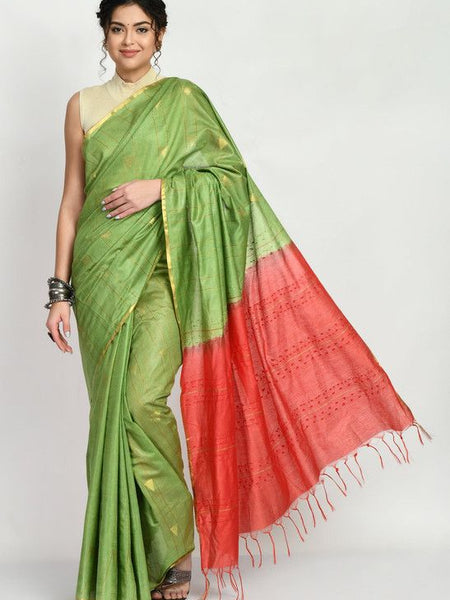 Two Dye Handloom Bhagalpuri Striped Semi Tussar Silk Temple Motif Saree (Olivine_Green & Tereracota_Red) - View 3