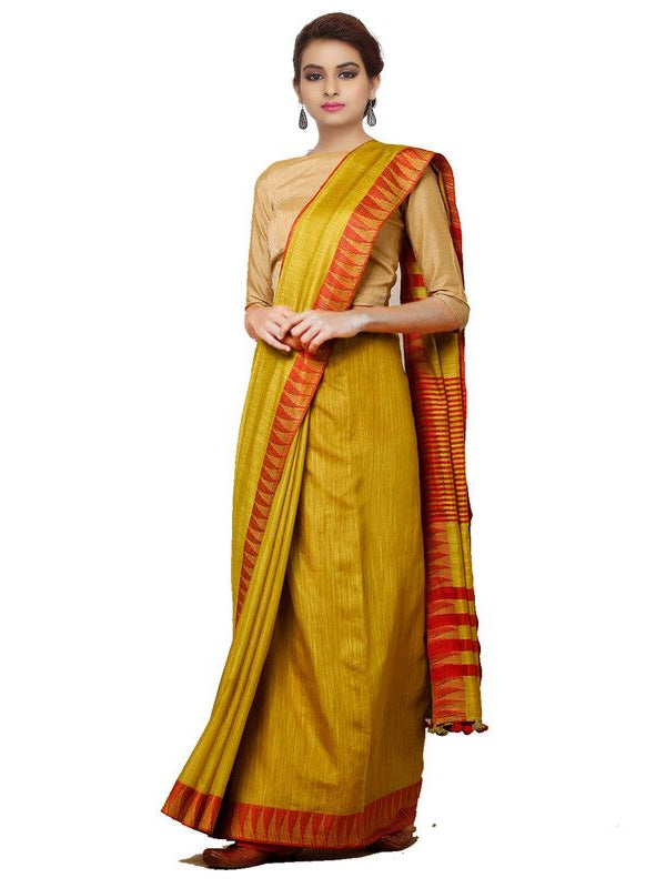 Gamboge Yellow women's Bhagalpuri Handloom Kota Silk Temple Border Saree And Variation Of Colors With Striped Blouse Piece - View 6