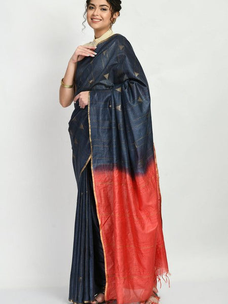 Women's Handloom Two Dye Semi Tussar Silk Striped Temple Motif Bhagalpuri Saree (Black & Terracota_Red) - View 5