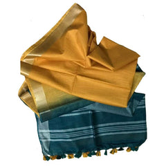 Prusian Blue & Marigold Orange women's Bhagalpuri Ethnic Wear Handloom Cotton Linen Slub Blend Zari Border Two Dye Saree With Running Unstitched Blouse Piece