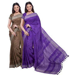 Brown & French Violet women's Bhagalpuri Handloom Cotton-Linen Blend Saree Combo (Pack Of 2) With Running Unstiched Blouse Piece