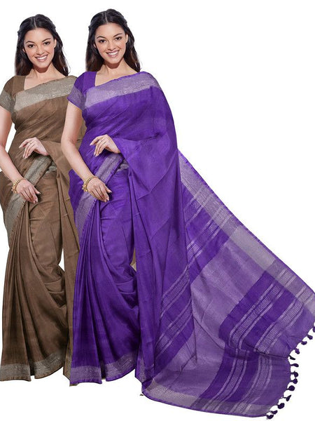 Brown & French Violet women's Bhagalpuri Handloom Cotton-Linen Blend Saree Combo (Pack Of 2) With Running Unstiched Blouse Piece