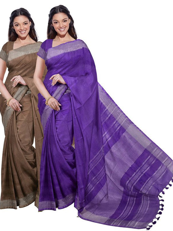 Brown & French Violet women's Bhagalpuri Handloom Cotton-Linen Blend Saree Combo (Pack Of 2) With Running Unstiched Blouse Piece