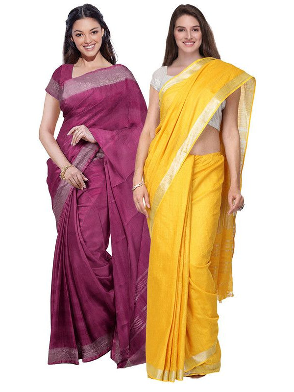 Raspberry Pink & Yellow women's Bhagalpuri Handloom Cotton-Linen Blend Saree Combo (Pack Of 2) With Running Unstiched Blouse Piece