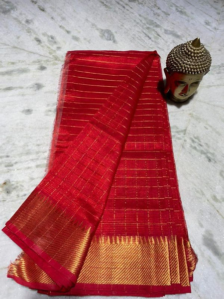 Cotton Silk Handloom Bhagalpuri Wide Border Check Saree (Gold-Fine_Red)