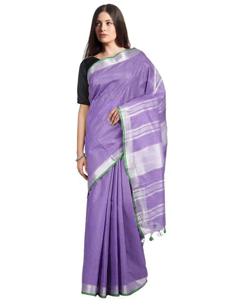 Lavender Purple women's Handloom Bhagalpuri Linen-Cotton Saree With Contrast Blouse Piece