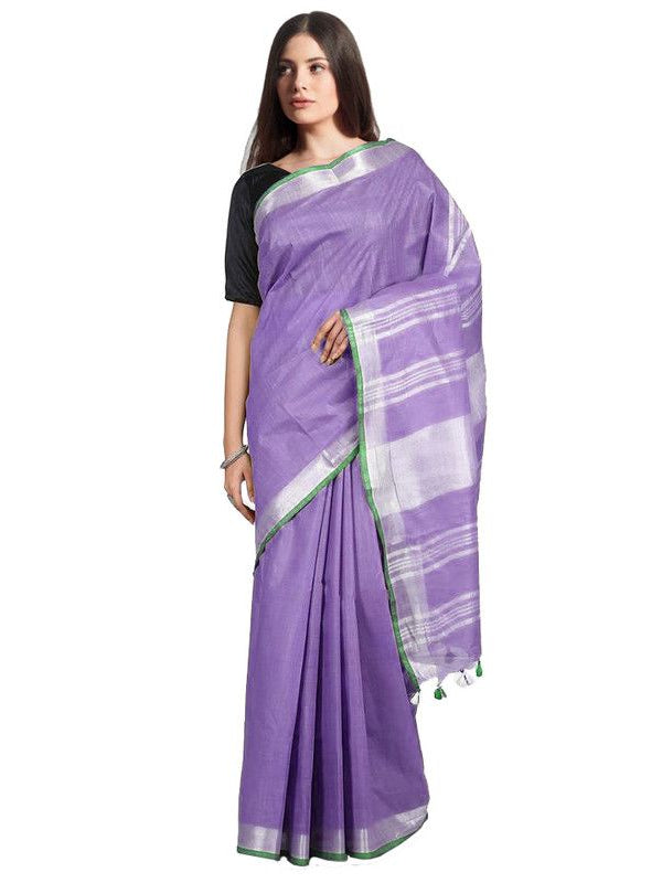 Lavender Purple women's Handloom Bhagalpuri Linen-Cotton Saree With Contrast Blouse Piece