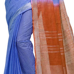 Neon Blue & Mohangni Orange women's Bhagalpuri Handloom Ethnic Wear Linen Two Dye Saree With Running Unstitched Blouse Piece - View 3