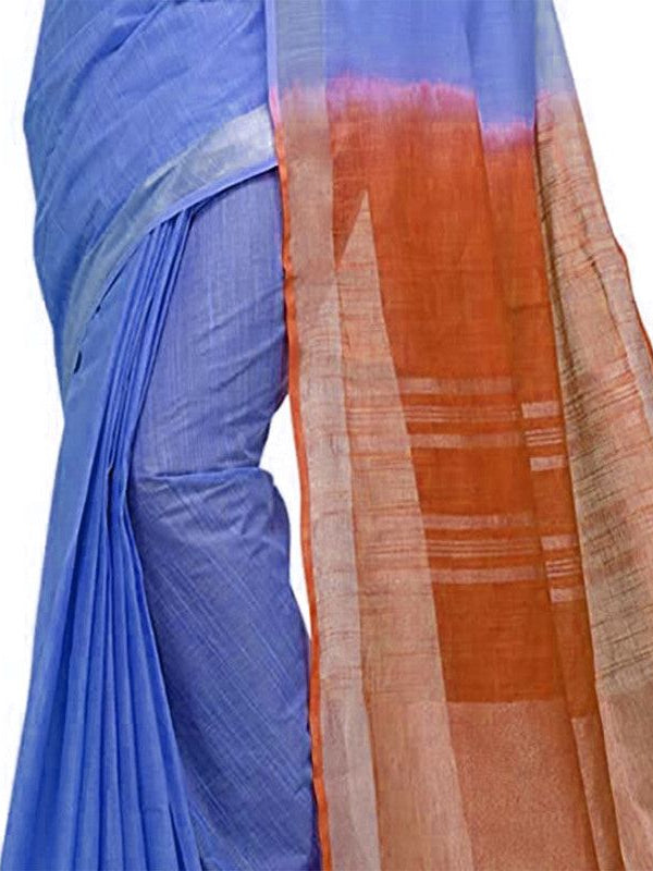 Neon Blue & Mohangni Orange women's Bhagalpuri Handloom Ethnic Wear Linen Two Dye Saree With Running Unstitched Blouse Piece - View 3