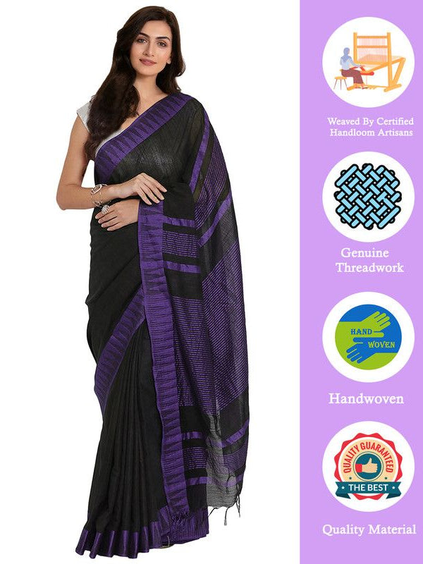 women's Bhagalpuri Handloom Katan Viscous Silk Temple Border Saree Ethnic Wear With Running Unstitched Striped Blouse Piece - View 2