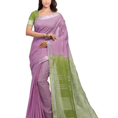 Mauve Purple & Moss Green women's Bhagalpuri Handloom Pure Cotton Two Dye Saree With Running Unstitched Blouse Piece - View 2