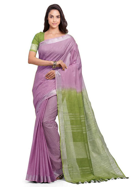 Mauve Purple & Moss Green women's Bhagalpuri Handloom Pure Cotton Two Dye Saree With Running Unstitched Blouse Piece - View 2