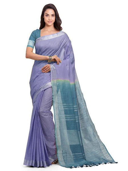 Pale Purple & Cerulean Blue women's Bhagalpuri Handloom Linen Cotton Blend Two Dye Saree With Running Unstitched Blouse Piece - View 2