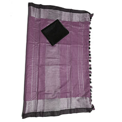 Mounatbatten Pink Bhagalpuri Handloom Linen Slub Blend Saree With Black Contrast Blouse Piece - View 5