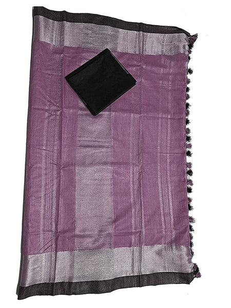 Mounatbatten Pink Bhagalpuri Handloom Linen Slub Blend Saree With Black Contrast Blouse Piece - View 5