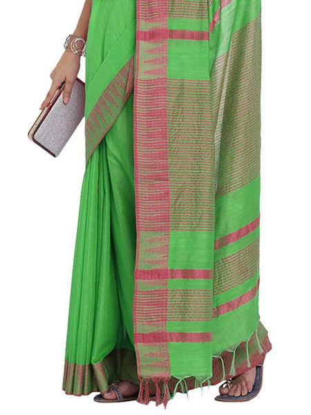 Screamin Green women's Bhagalpuri Handloom Kota Silk Temple Border Saree And Variation Of Colors With Striped Blouse Piece - View 5