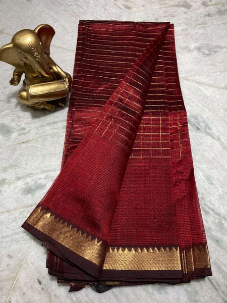 Bhagalpuri Handloom Cotton Silk Check Half Body Saree for women's (Maroon_Red)