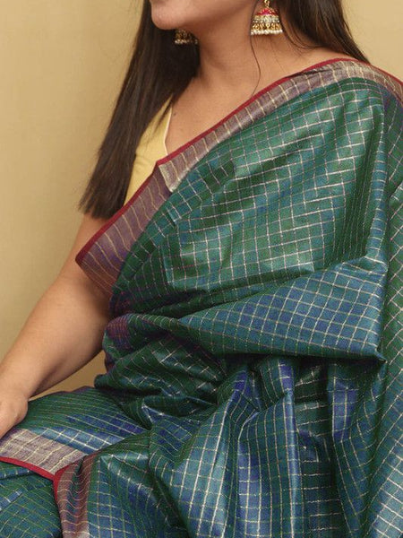 Handloom Bhagalpuri Linen Cotton Blend Contrast Check Saree - View 4