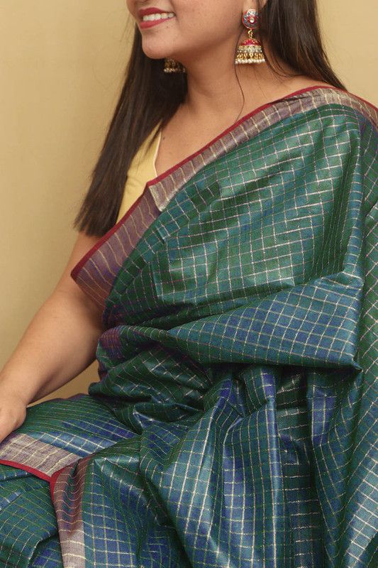 Handloom Bhagalpuri Linen Cotton Blend Contrast Check Saree - View 4