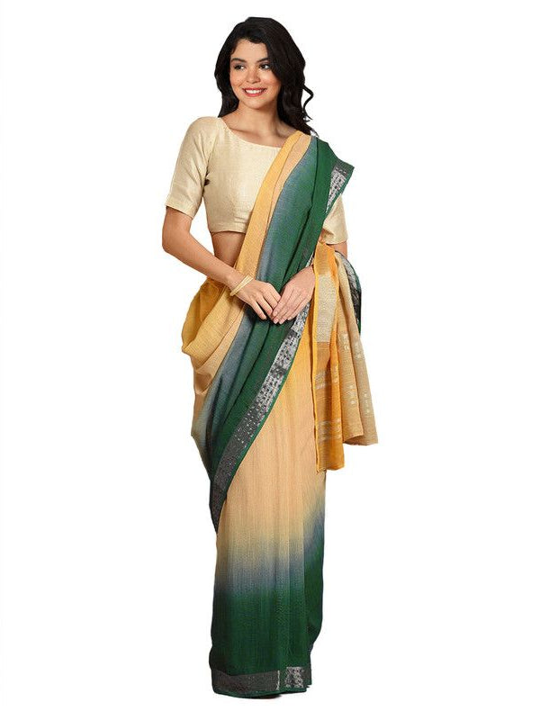 Sunglow Yellow & Dark Spring Green women's Bhagalpuri Handloom Linen Slub Blend Two Dye Saree With Running Unstitched Blouse Piece