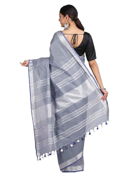 Grey women's Bhagalpuri Handloom Linen-Slub Saree With Contrast Blouse Piece - View 3