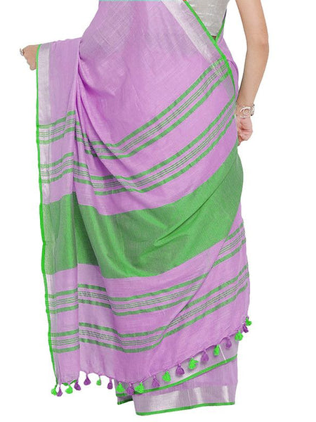 Plum Purple-Green women's Bhagalpuri Handloom Cotton Linen Blend Contrast Pallu Saree And Unstitched Contrast Blouse Piece - View 4