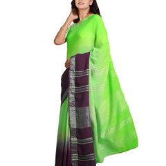 Neon Green & Byzantium Purple women's Bhagalpuri Handloom Linen Slub Blend Two Dye Saree With Running Unstitched Blouse Piece - View 4