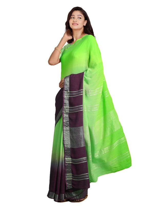 Neon Green & Byzantium Purple women's Bhagalpuri Handloom Linen Slub Blend Two Dye Saree With Running Unstitched Blouse Piece - View 4