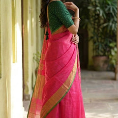 Handloom Bhagalpuri Linen Cotton Blend Contrast Border Saree for Women (12625 Gold-Glaire_Pink-Dark_Green) - View 3