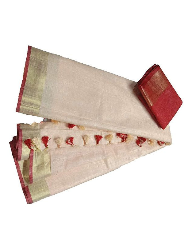 Beige-Red women's Handloom Bhagalpuri Cotton Linen Blend Saree Ethnic Wear With Contrast Unstitched Free Blouse Piece - View 2