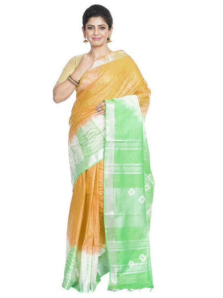 Xanthous Orange & Light Green women's Bhagalpuri Handloom Cotton Linen Slub Blend Tie Two Dye (Sibory Two Dye) Saree With Running Unstitched Blouse Piece