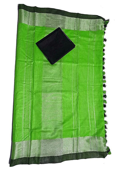 Green Bhagalpuri Handloom women's Linen Slub Blend Saree With Black Pipin Contrast Blouse Piece