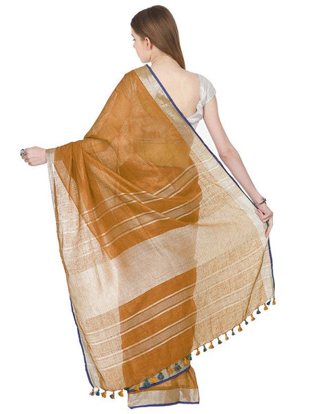 Ochre Brown women's Bhagalpuri Handloom Cotton Linen Blend Saree With Contrast Unstiched Blouse Piece - View 4