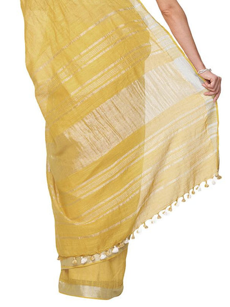 Arylide Yellow women's Handloom Bhagalpuri Cotton Linen Slub Blend Zari Border Saree Ethnic Wear With Running Unstitched Blouse Piece - View 2