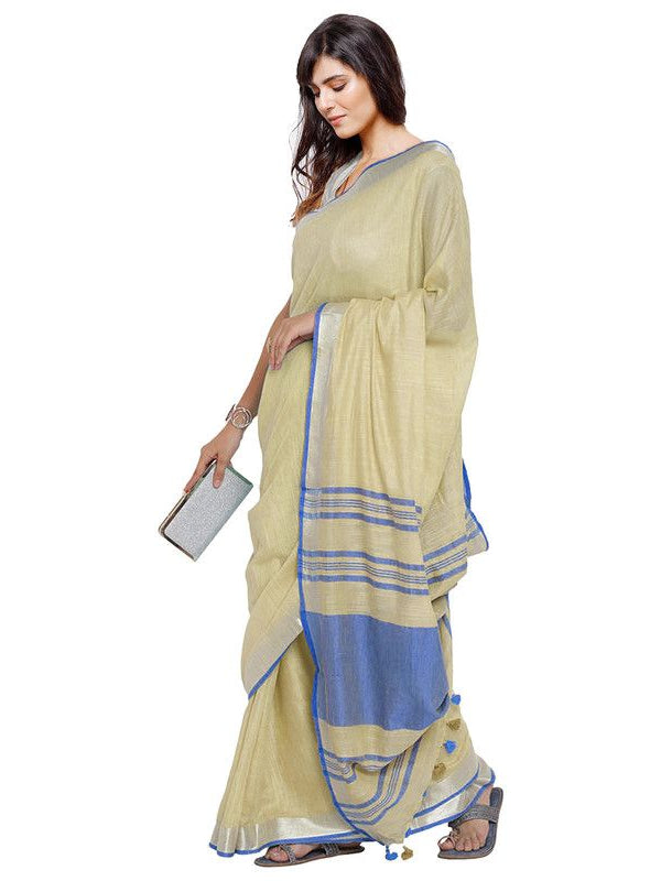 Ashamed Tan-Cyan women's Bhagalpuri Handloom Cotton Linen Blend Contrast Pallu Saree And Unstitched Contrast Blouse Piece - View 3