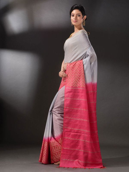 Handloom Multi Dye Bhagalpuri Semi Tussar Silk Saree with Blouse Piece (Troit_Grey & Poppy_Pink) - View 3