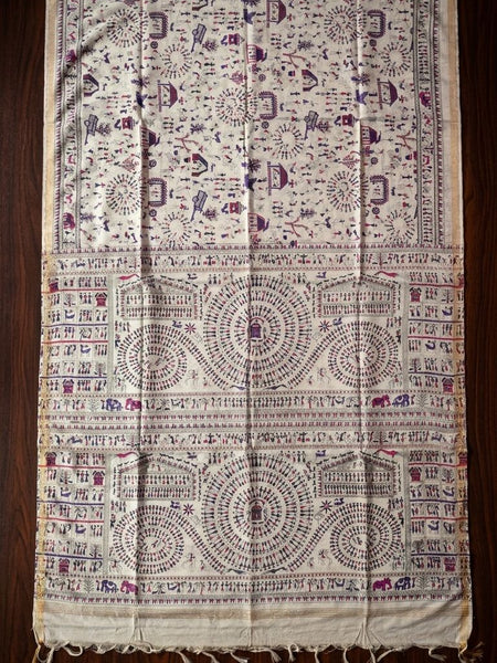Bhagalpuri Handloom Warli Print on Premium Quality Soft Katan Tussar Silk Saree in White - View 3