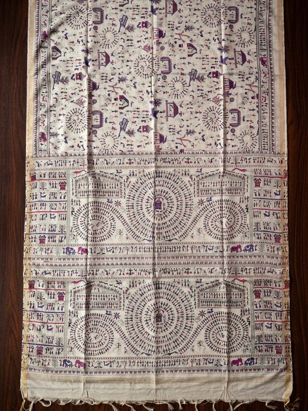 Bhagalpuri Handloom Warli Print on Premium Quality Soft Katan Tussar Silk Saree in White - View 3