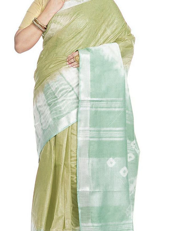 Moss Green & Celadon Green women's Bhagalpuri Handloom Cotton Linen Slub Blend Tie Two Dye (Sibory Two Dye) Saree With Running Unstitched Blouse Piece - View 3