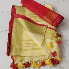 Handloom Bhagalpuri Linen Cotton Blend Contrast Border Saree for Women (12623 Gold-Creame-Red)